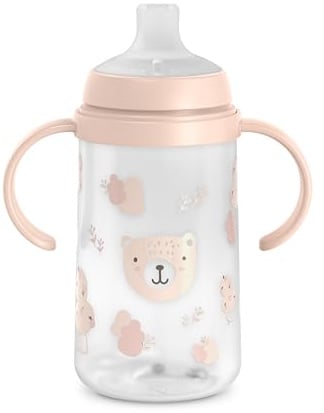 Suavinex, Vaso Aprendizaje Bebé con Boquilla de Silicona, Wild&Free Rosa | Biberón con Asas, Sistema Anticólico, Tapa Protectora, Antiderrame, 270 ml, Bébé +6 Meses, Apto Lavavajillas y Microondas