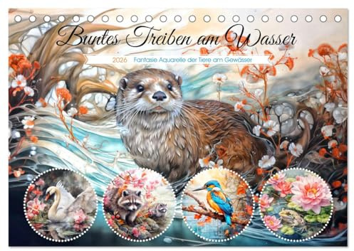 Buntes Treiben am Wasser - Fantasie Aquarelle der Tiere am Gewässer (Tischkalender 2026 DIN A5 quer), CALVENDO Monatskalender: Entdecke die Schönheit ... japanischen Aquarellmalerei (CALVENDO Tiere)
