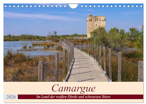 Camargue - Im Land der weißen Pferde und schwarzen Stiere (Wandkalender 2026 DIN A4 quer), CALVENDO Monatskalender: Landschaftsidyll in schwarz-weiß-rosarot (CALVENDO Orte)