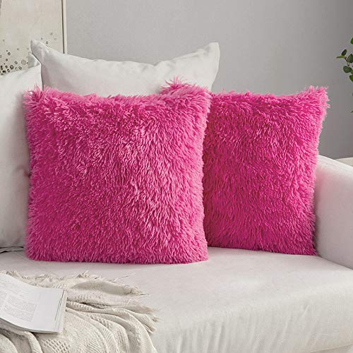 MIULEE 2er Set Kissenbezüge Künstlich Pelz Sofakissen Dekorative Dekokissen Kuschelkissen Plüschkissen Kuschelig Couchkissen Superweich Kissen Flauschig Kissenbezug für Sofa 45x45 cm Rose rot