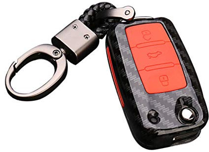 Happyit ABS Kohlefaser-Schale + Silikon Autoschlüssel Abdeckung Fall Schlüsselbund für Volkswagen VW Bora Käfer Tiguan Polo Passat Jetta Sitz Sagitar Golf 6 3 Tasten (B Schwarz + Rot)