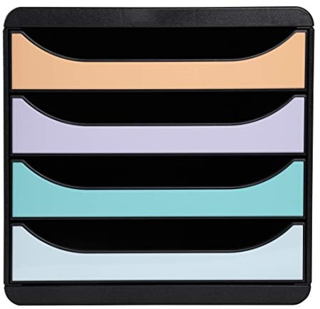 Exacompta - Ref 3104296D - BIG-BOX Desktop Drawer Set - 4 x 55mm Drawers, Suitable for A4+ Documents, 347 x 278 x 267mm, 100% Recycled Plastic - Black/Glossy Pastel