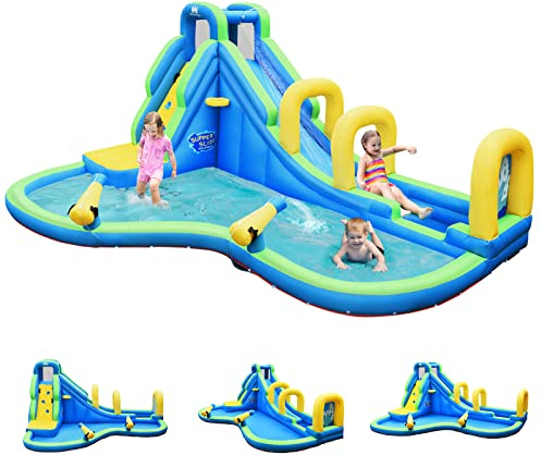 GOPLUS Wasserpark mit Rutsche, Aufblasbares Planschbecken, mit Kletterwand, Basketballkorb, Wasserpistole, Hüpfburg, für Kinder von 3 bis 10 Jahren, 400 x 335 x 230cm (Blau, Ohne Gebläse)