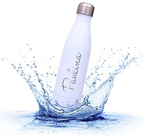 Sprengers – Personalisierbare Trinkflasche aus Edelstahl – auslaufsichere & thermoisolierte Wasserflasche hält Getränke bis zu 18 Stunden warm oder kalt – Gravur mit Namen und Motiv (Weiß, 0.75 l)