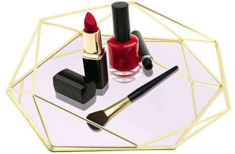 JJoexyfit Bandejas organizadoras de cosméticos, bandeja de maquillaje con espejo de cristal polígono, bandeja decorativa de metal para tocador, tocador, baño, dormitorio (dorado)