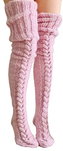 Acrawnni Womens Girls Winter Cable Knit Over Knee Socks Thigh High Long Boot Socks Stocking Leg Warmer B-Pink