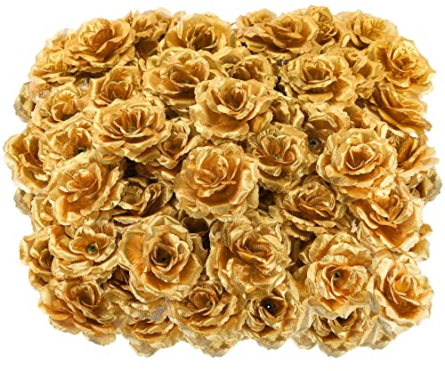YOUEON 100 Pcs Künstliche Rose Blumenköpfe für Crafts, 9 cm Faux Gold Flower Heads, Silk Rose Blumen Kopf in Bulk, Gold Roses Künstliche Blumen für Centerpieces, Blumenwand, Hochzeit