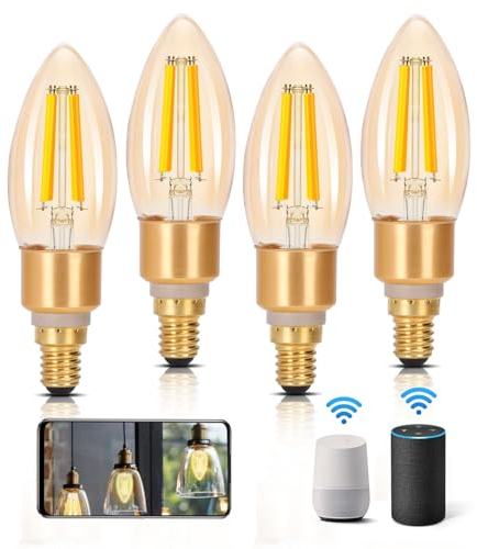 Aigostar Alexa Glühbirne E14 Edison Glühbirne 4.5W 470LM Dimmbare Retroglühbirnen C35 Smart Lampe Wlan Dimmbar 2700K-6500K App Steuern Kompatibel mit Alexa und Google Assistant. Bernstein 4 Stück
