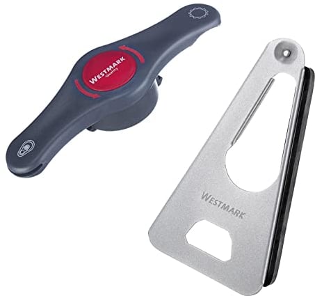 Westmark Set, 2 Pezzi, 1 Apriscatole Multiuso + 1 Apriscatole Multifunzionale, Plastica di Alta Qualità/Acciaio/Gomma, Twist/Propeller, Argento/Antracite/Rosso, 105022E6