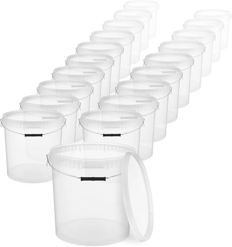 BenBow - Eimer mit Deckel 20l transparent 100x 20 Liter - lebensmittelecht stabil luftdicht auslaufsicher - Vorratsbehälter für Aufbewahrung aus Kunststoff mit Metall-Henkel - leer - zur Hause