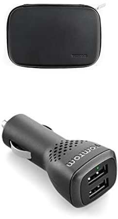 TomTom Premium Ledertasche für GO Discover und Expert, 17,8 cm (7 Zoll), Schwarz, 18 cm & Duales USB Auto-Schnellladegerät, 2,4 A pro Anschluss