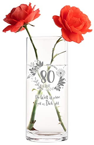 Casa Vivente Vase zum 80. Geburtstag mit süßer Gravur, Runde Glasvase mit Alter und Spruch als Geburtstagsgeschenk für Frauen, Blumenvase für Moderne Deko