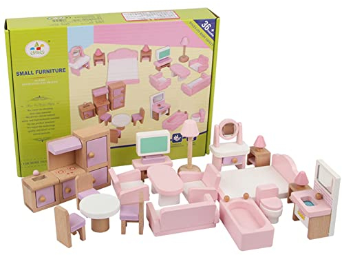 4 Set Puppenhaus Möbel Möbelset Holz, 22 teilig Puppenhausmöbel Set Holz, Puppenmöbel Holz Spielset, Enthalten Badezimmer Wohnzimmer Küche Schlafzimmer Rollenspiel Spielzeug für Kinder Mädchen Jungen