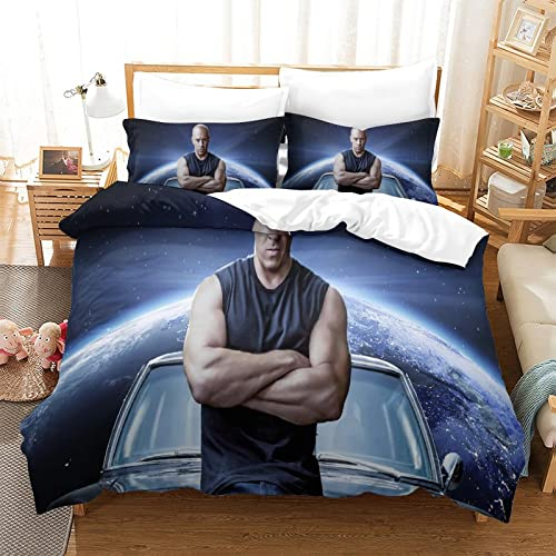 KUFRY Bettbezüge 200x200 cm Bettwäsche Set Fast and Furious Muster Erwachsene Kind Bettbezug mit Kissenbezüge und Reißverschluss Schlafkomfort Weiche Mikrofaser