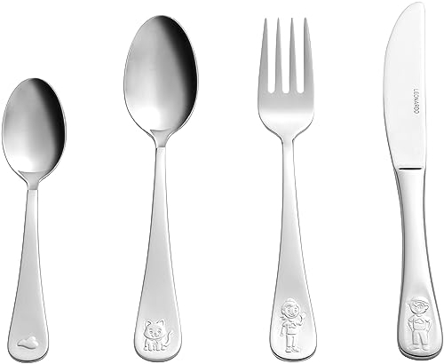 LEONARDO HOME Bambini Avventura Kinder-Besteck Set 4-teilig - Besteck mit Motiven aus hochwertigem Edelstahl - Spülmaschinengeeignet - Mit Abenteurer, Katze, Wolke - Gravierbar, 070800