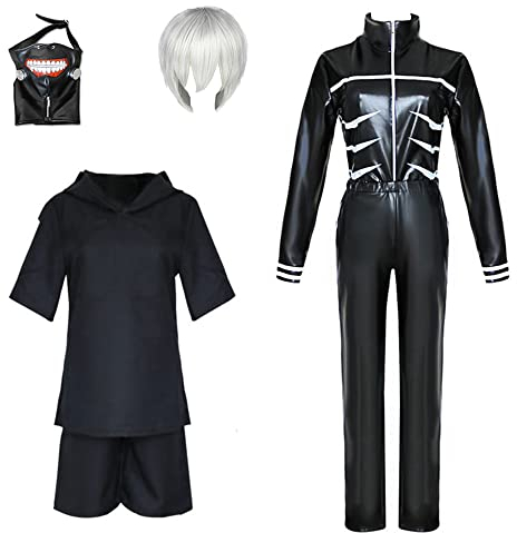 CSOCKS Tokyo Ghoul Cosplay Kostüm Ken Kaneki Jumpsuit Kleid Schwarze Kampfuniform mit Maske und Perücke Männer Frauen