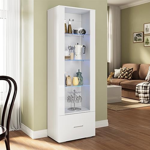 SUNXURY Glasvitrine mit Beleuchtung 55 x 35 x 172cm Vitrine mit Schublade und Offener Glasablage Modern Glasvitrine Stehend Hochglanz Weiß für Wohnzimmer