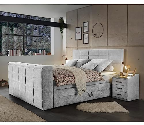 Lomadox Boxspringbett 180x200 cm mit Bettkasten und 2 Nachttischen | Doppelbett mit Nachtschränken in grau mit Härtegrad H2