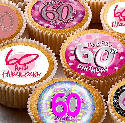 24 edible 60th birthday party pink Cupcake Cake Toppers Wafer Rice Paper precut decoration