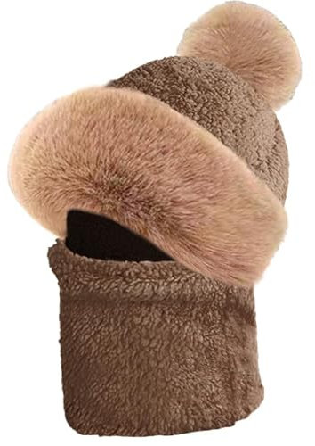 crazy bean Winter Mütze Schal Set Damen Warme Winddichte Balaclava Fleecefutter 2 in 1 Wintermütze mit Bommel Outdoor Radfahren Skifahren(Kaffee)