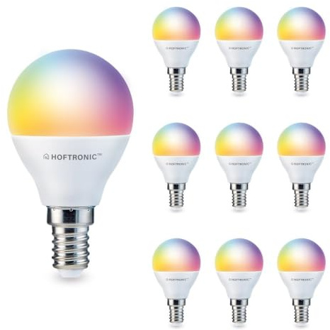 HOFTRONIC - Vorteilspackung 10er Smart Home E14 LED Lampe P45 - Farbig RGBWW - 5,5 Watt 470 Lumen - WiFi + Bluetooth - Steuerbar via Handy und Sprache (Google Home, Alexa und Siri)