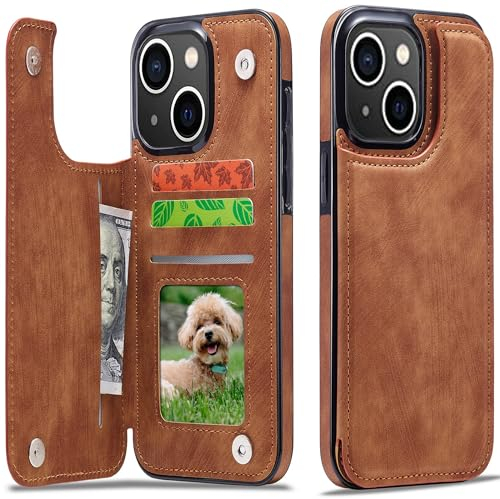 Sibada Multi-Funktionen Retro Leder Magnetic Kartenhalter Handyhülle für iPhone 15 Klappbar mit Card Slot Snap RFID Kartenhalter Ständer Schutzhülle Kartenhüllen - Braun
