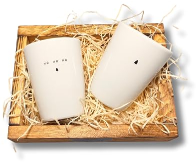 BAVAREGOLA 2er Weihnachts Porzellan Becher Geschenk Set weiß 280ml mit Spruch & Motiv - Tasse ohne Henkel für Kaffee, Tee, Latte oder Cappuccino als Geschenk zu Weihnachten