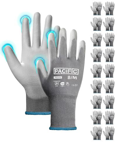 PACIFIC 18 paia di guanti di sicurezza rivestiti in PU, guanti da lavoro multiuso da uomo, Versatili, Protezione Meccanica e Industriale, senza cuciture, Power-Grip, grigio, M/8