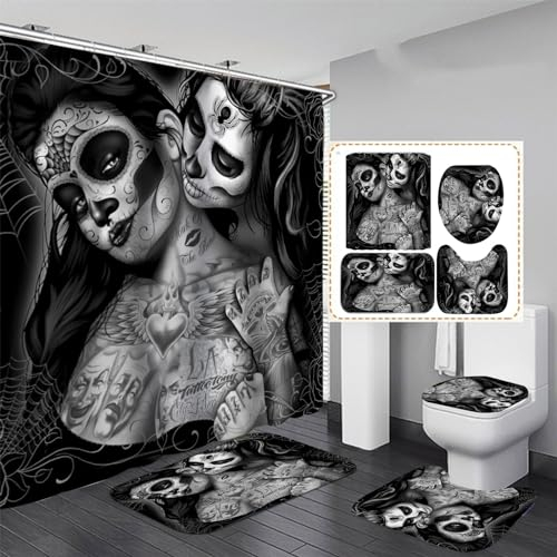 OaKita Totenkopf Duschvorhang Blumen Rose Skull Duschvorhang Skelett Wasserdichter Stoff, Badezimmer-Dekor-Set Mit Haken,4pcs Toilettendeckelabdeckung Badematte (A02,180 x 200 cm)