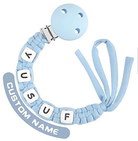 Kowlone Schnullerkette Baumwolle mit Namen Jungen mädchen Personalisiert Geflochten Schnullerketten Clips für Baby Neugeboren(Blau)