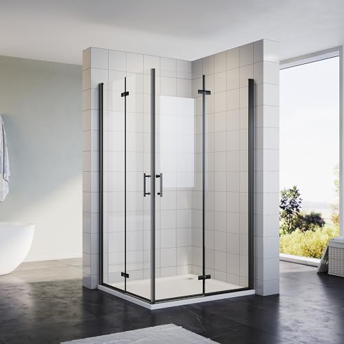 Sonni 80x90 cm Eckeinstieg Duschkabine Schwarzes Dusche Falttür 180º Duschwand Duschabtrennung Nano 6mm Glas Faltdusche Höhe 195 cm Drehfalttür