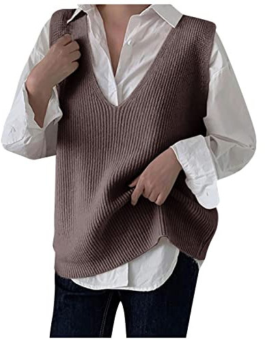 Strickpullover Damen Oversize, V Ausschnitt Ärmellos Warm Sweater Vest Wollweste Gestreift Lang Winter Strickpullunder Pullover Strickweste Baumwolle Knopf Pullover Vest Pullunder