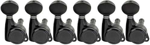 Musiclily Pro 6 in Line Gitarren Locking Mechaniken 18:1 Ratio Locking Tuners Tuning Pegs Keys Machine Heads für Strat Tele Style E-Gitarre, Schwarz mit Vintage Oval Button