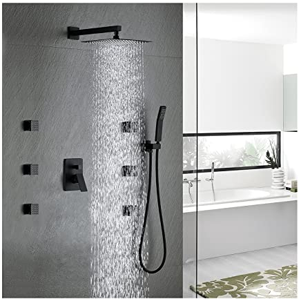 Schwarzes Duschdüsensystem, 3-Wege-Duschventil, Badezimmer-Duschkombinationsset mit 6 Massage-Körpersprays, Duschkopf, Handbrause