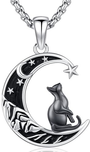 Friggem Collier Pendentif Chat,Pendentif Chat lune en Argent Sterling 925 Collier de Bijoux Femme, Cadeaux pour Femme Filles Amoureux des chats