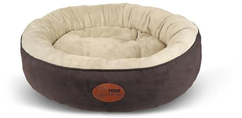 PATAM Hundebett für Hunde und Katzen, rund, mit gepolsterten Kanten, universell für alle Jahreszeiten, rutschfest, abnehmbar, maschinenwaschbar – Fufi Beige, Medium 61 cm
