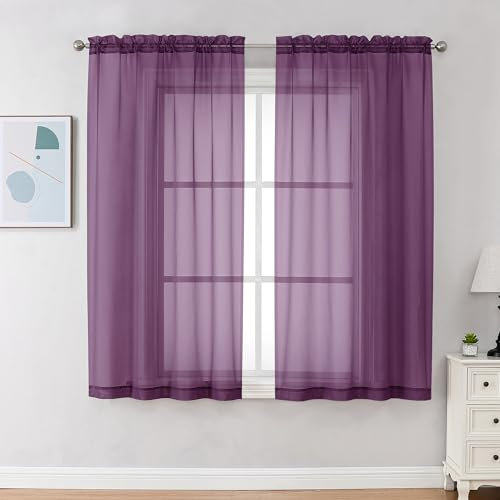 Chyhomenyc Lot de 2 Panneaux de voilages de 160 cm de Long avec Passe-Tringle, Rideaux élégants pour Salon, Chambre à Coucher, 2 Panneaux (Prune, 106,7 x 160 cm (l x L)