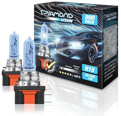 Diamond Vision 2x H15 12V 55W | Ultra Intense 4200K | Halogen KFZ Autolampen | zweimal so langlebig | Duobox | E-Prüfzeichen