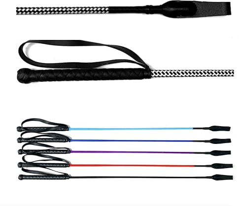 JA Horse Springgerte Springstock Reitgerte Pferd Peitsche mit Lederoberteil Gummigriff und Handgelenkschlaufe (schwarz/Weiss, 70 cm)