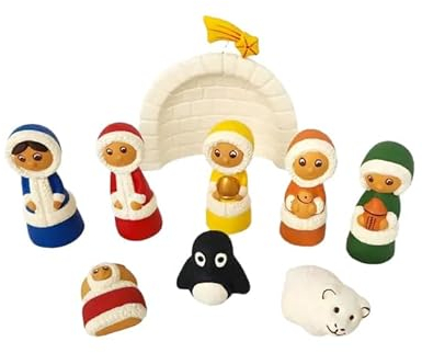100 North, Handgefertigt in Peru, traditionell farbig, 7,1 x 2,5 cm, Keramik, einzigartig, Eskimo-Krippe, 9-teiliges Set