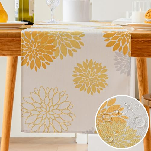 Vorysum Tischläufer Blumen Gelb Dahlien Tischläufer Modern Wasserabweisend Leinen,Dekoration Tischdecke Outdoor Sommer Garten für Hochzeit Esszimmer Party Urlaub Dekor 40 x 140 cm