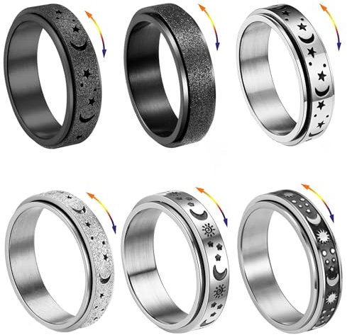 6 Stück Spinner Ring Damen Edelstahl Silber Ring Herren Damen Set Edelstahl Vintage Ringe Mond Stern Rollring Drehbarer Rings Partnerringe Trauringe für Frauen Männer Größe 54-65 (Silber Set-A, 57)