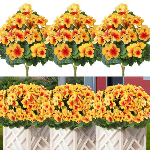 Betylifoy Künstliche Blumen im Freien 44CM Künstliche Geranien Seidenblumen 3 Bündel Kunststoff Gefälschte Blumen im Freien Künstliche Pflanzen UV-beständig für Indoor Garten Vase Tisch (Gelb)