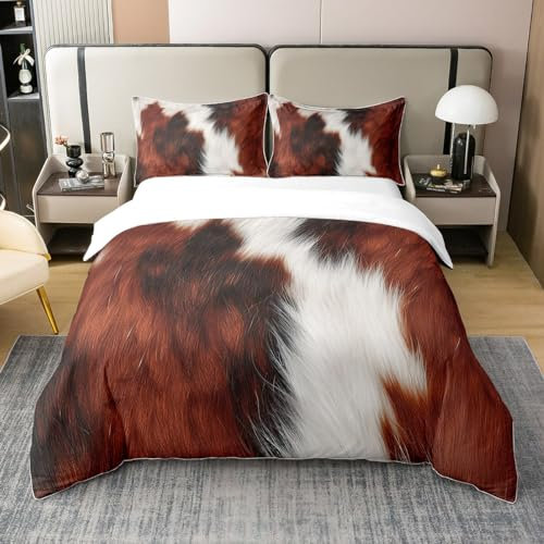 100% Natürliche Baumwolle Kuhfell Print Bettbezug 135x200,Western Wild Animal Thema Tröster Bezug,Weiß Braunes Pelz Bettwäsche Set mit 1 Kissenbezug,Bauernhaus Rustikal Stil Bett Set,Braun