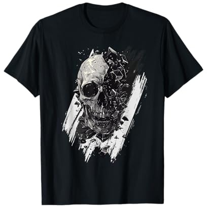 Teschio scoppiato moderno, hard rock, teschio bianco e nero Maglietta
