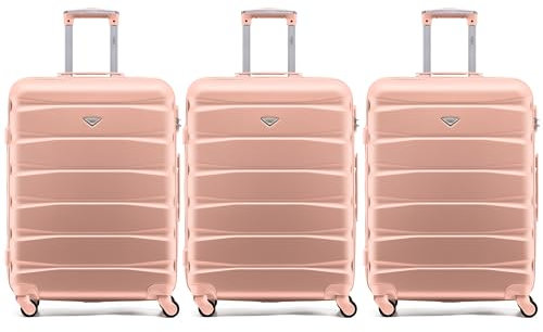 Flight Knight Lot de 3 sacs de voyage très robustes, légers et rigides avec 4 roues et serrure intégrée - Compatibles avec plus de 100 compagnies aériennes, rose gold, Medium Set Of 3