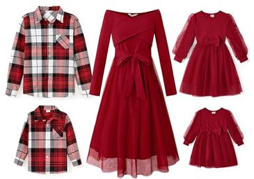 PATPAT Familien Outfit Set Langarm - Partnerlook Mutter Tochter Kleid,Mama Kind Kleider Prinzessin Festlich,Eltern Kind Outfit,Family Matching Passende Outfits,Herbst & Frühling-Damen:L
