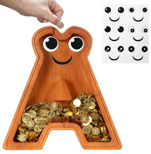 Spardose Buchstabe Holz für Kinder Jungen Mädchen Sparschwein Personalisiert Durchsichtig Spardose Münze Geld Bank für Erwachsene DIY Dekoration(A)