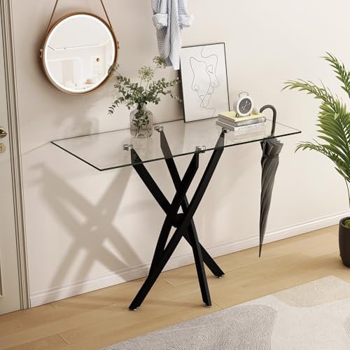 GOLDFAN Konsolentisch, Glas Schmaler Beistelltisch, Flurtisch, Sofatisch im Industriestil, TV-Tisch für Schlafzimmer, Eingangsbereich, Büro, Flur, Schwarz 100x45x76 cm