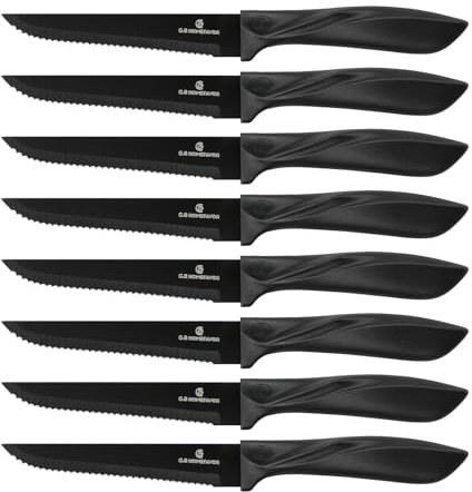 G.a HOMEFAVOR Juego de Cuchillos para Carne de 8 piezas Cuchillos para Carne de Acero Inoxidable Dentado con Cuchillas Afiladas, Negro, Diseñados Ergonómicamente